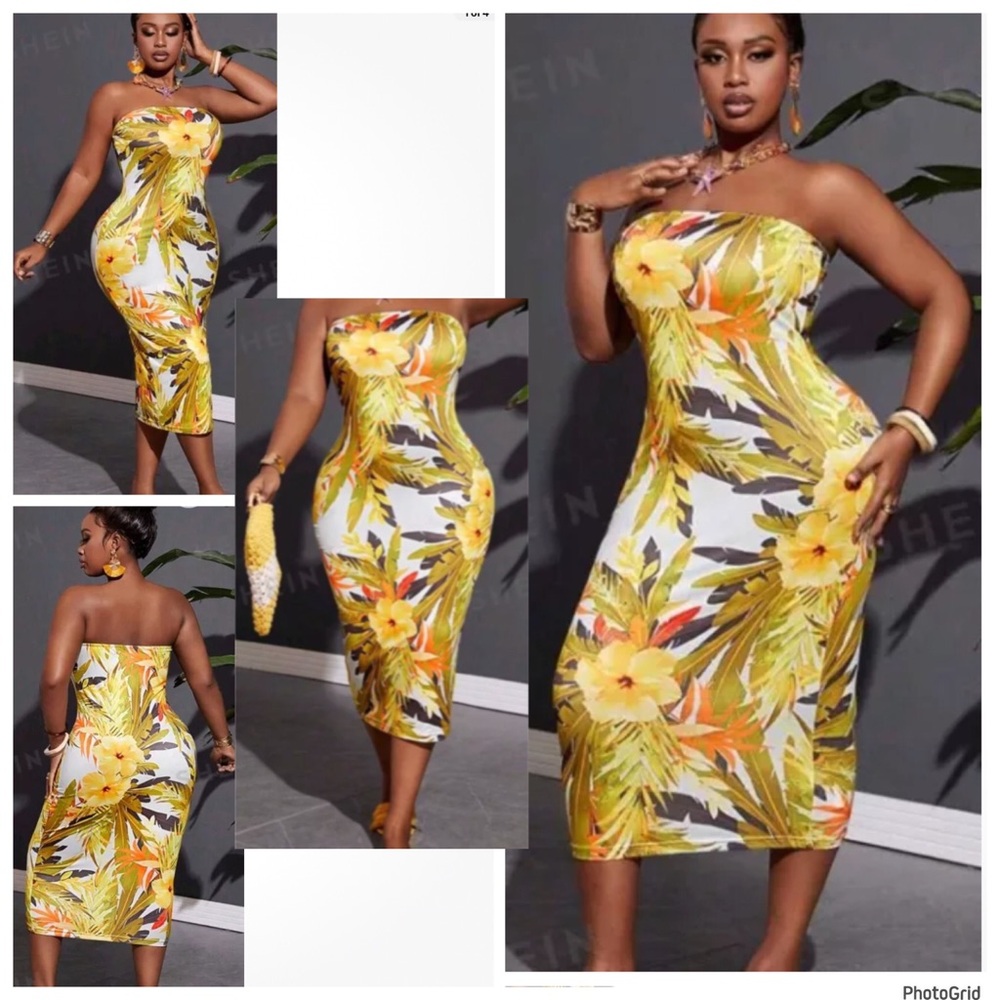 Shein curve 3XL plus size tropical floral strapless dress